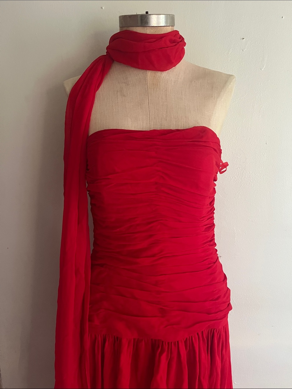 100% SILK Strapless Red Ruched Evening Dress with Scarf